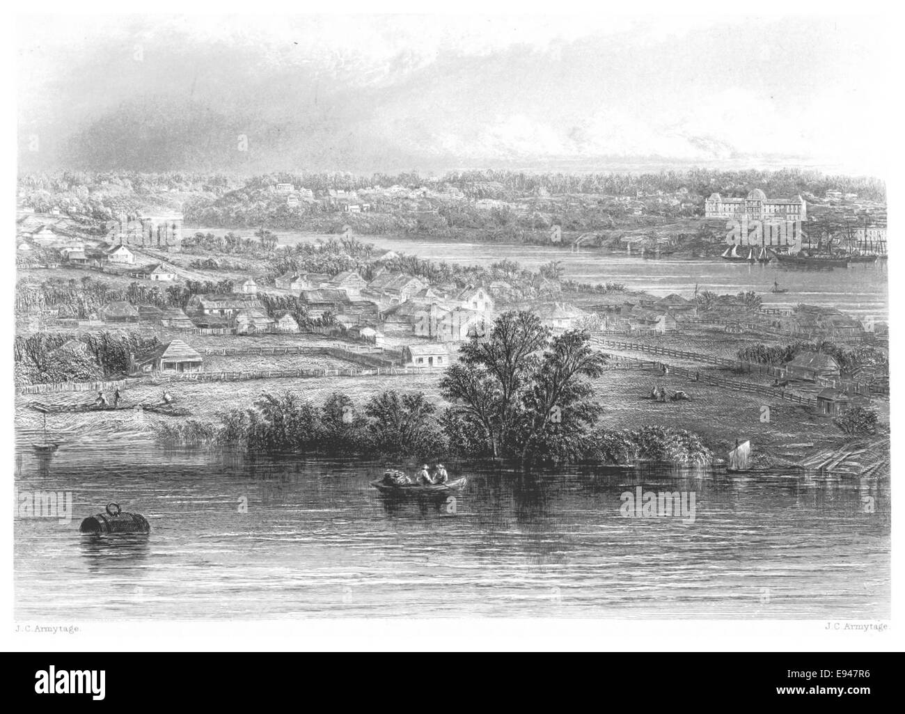 Une illustration de Kangaroo point, Brisbane, vue de Bowen Terrace en 1873. Ce croquis historique capture le développement précoce de la banlieue riveraine et son environnement naturel. Banque D'Images