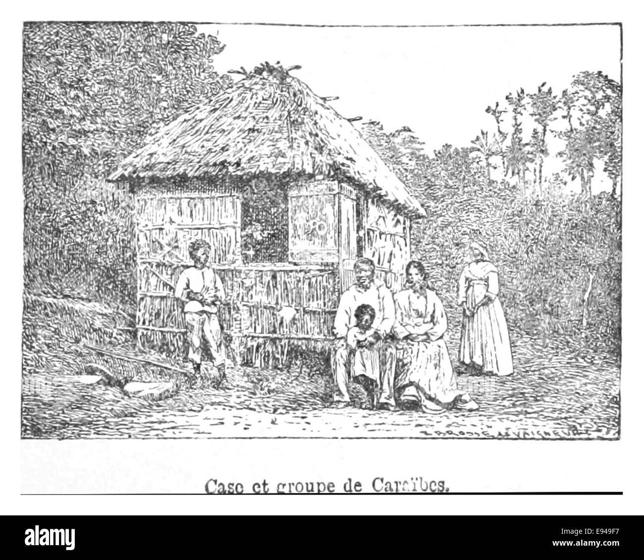 Illustration représentant un cas et un groupe de carcasses, représentant probablement une scène historique du commerce, de la manutention ou du transport d'animaux dans le passé. Le dessin pourrait mettre en valeur l'environnement entourant cet événement. Banque D'Images