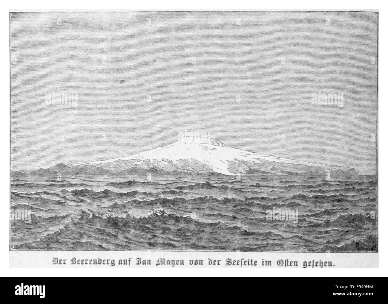 Une illustration de 1884 de l'œuvre de Chavanne, représentant Der Beerenberg sur l'île Jan Mayen. La carte et le dessin détaillent cet endroit éloigné de la région arctique, historiquement important pour son activité volcanique. Banque D'Images