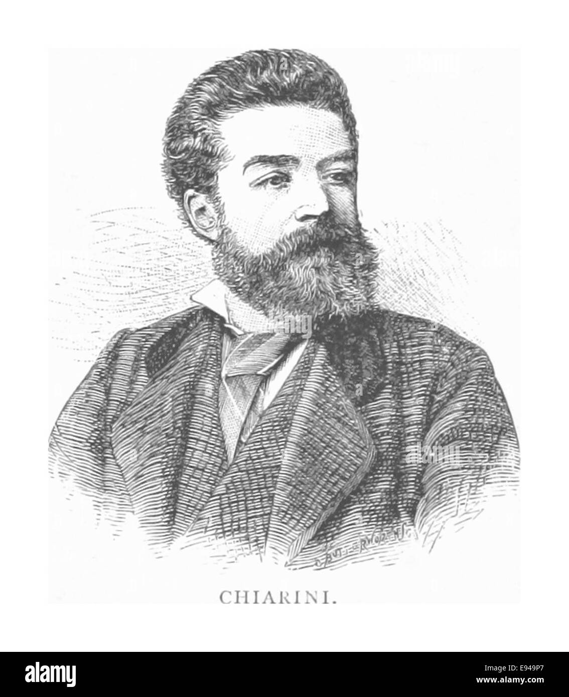 Cette illustration vintage de Chiarini offre un croquis historique, probablement une partie d'un livre ancien ou révolu, reflétant des thèmes historiques et des représentations artistiques du passé. Banque D'Images