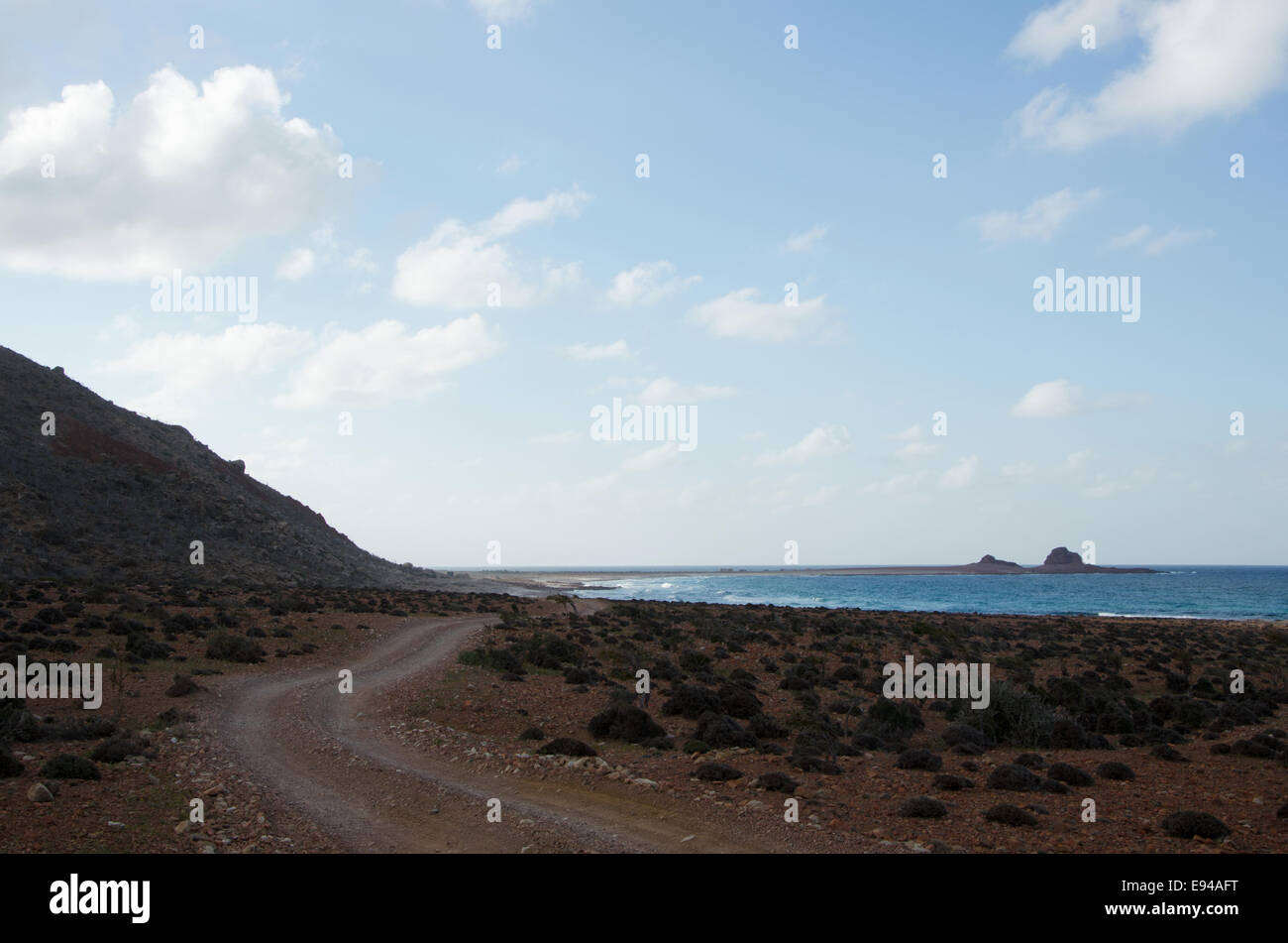 L'île de Socotra, au Yémen : le paysage sauvage de l'île, avec vue sur l'Océan Indien à partir d'un chemin de terre le long de la côte Banque D'Images