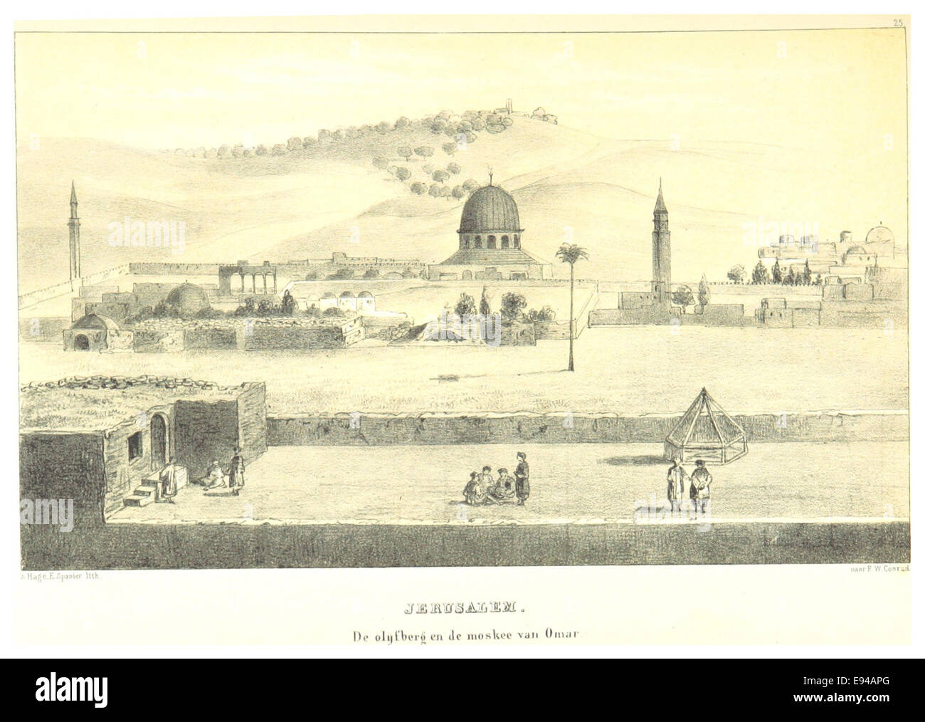 Une illustration de Conrad de 1859 montrant Jérusalem et la montagne de l’olivier, offrant une représentation visuelle de ces sites emblématiques dans un contexte religieux et historique. Banque D'Images