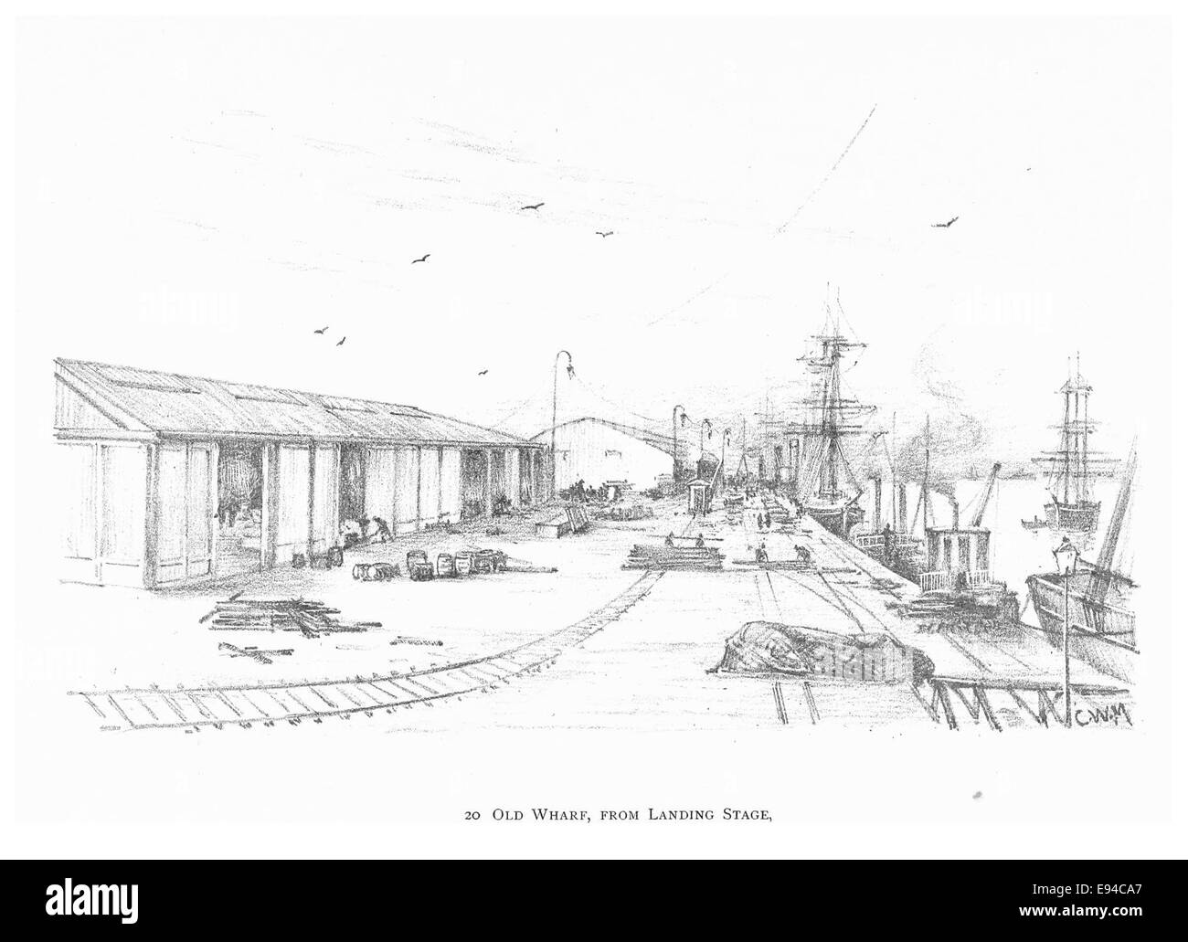 Cette illustration de 1891 de Durban représente le Old Wharf depuis l'embarcadère, offrant une vue sur la zone portuaire de Durban, en Afrique du Sud, mettant l'accent sur le commerce maritime occupé à la fin du XIXe siècle. Banque D'Images