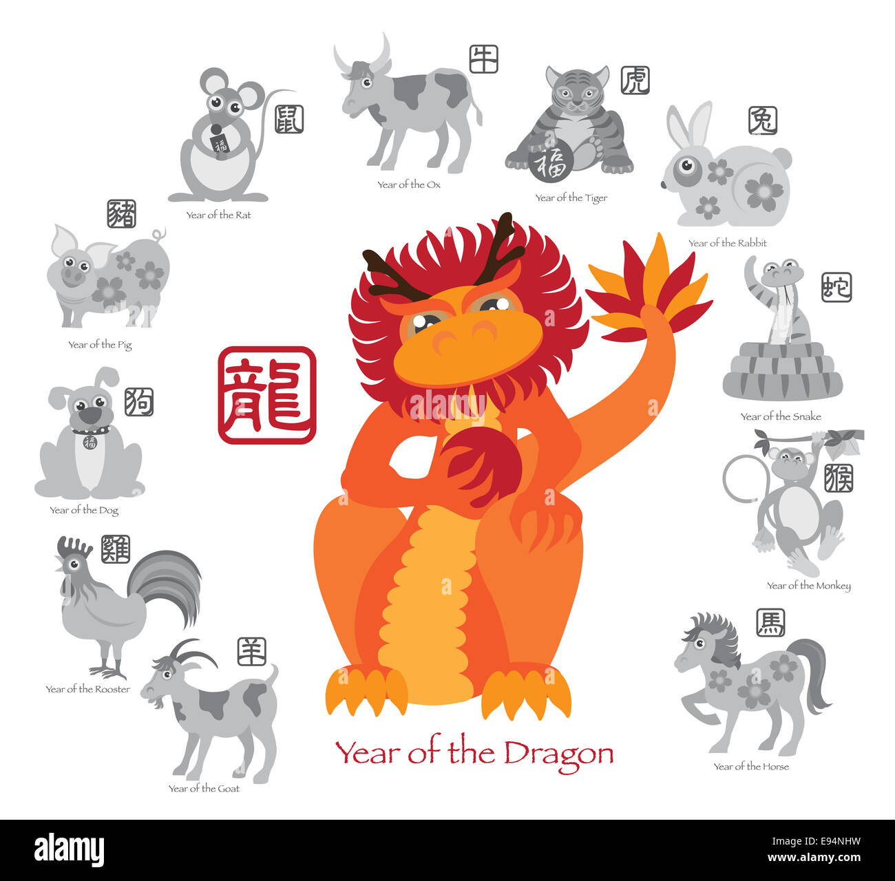 Le Nouvel An chinois du dragon couleur avec douze zodiaques chinois avec joint en texte gris cercle Illustration Banque D'Images