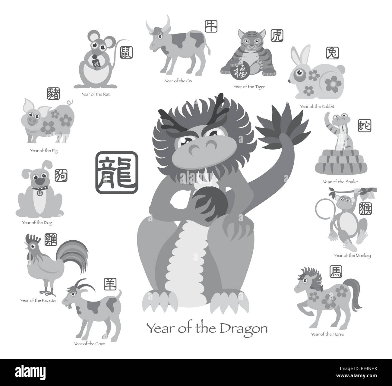 Le Nouvel An chinois du Dragon avec douze zodiaques chinois avec joint en texte gris cercle Illustration Banque D'Images