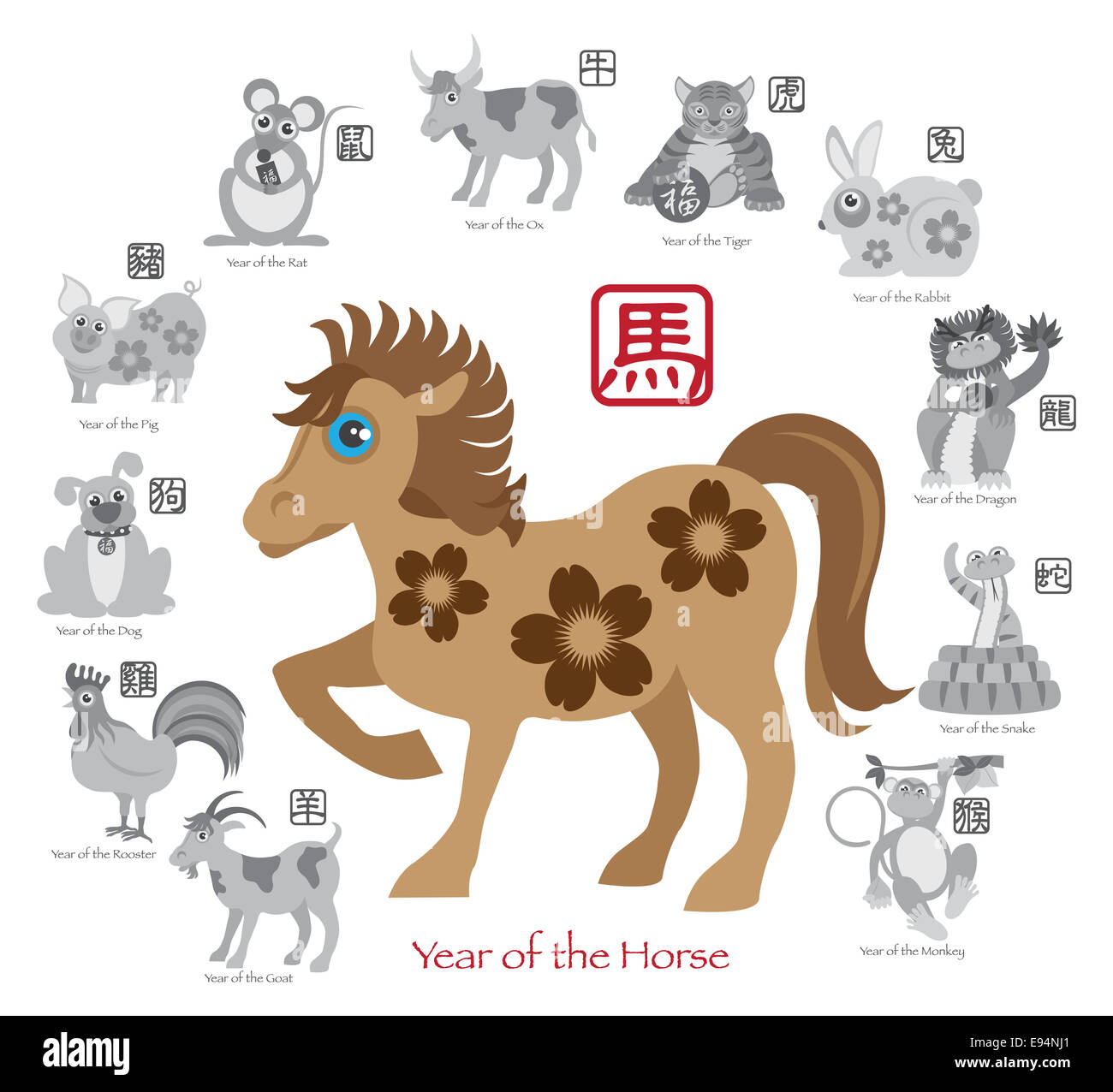 Le Nouvel An chinois du cheval couleur avec douze zodiaques chinois avec joint en texte gris cercle Illustration Banque D'Images