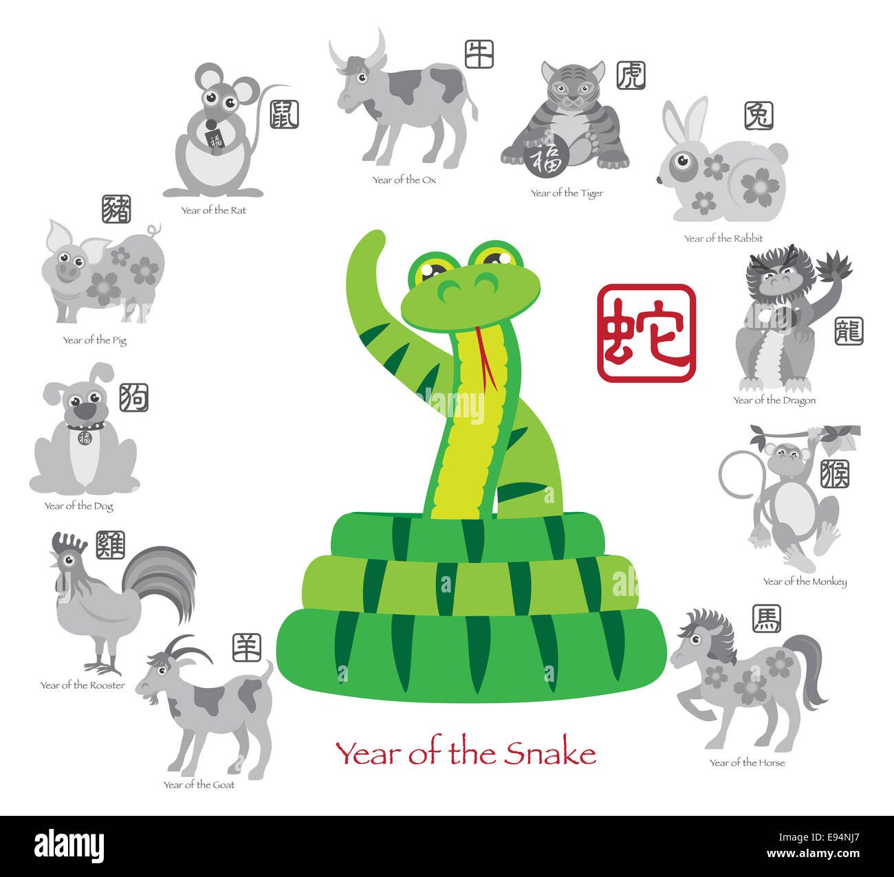 Le Nouvel An chinois du serpent couleur avec douze zodiaques chinois avec joint en texte gris cercle Illustration Banque D'Images