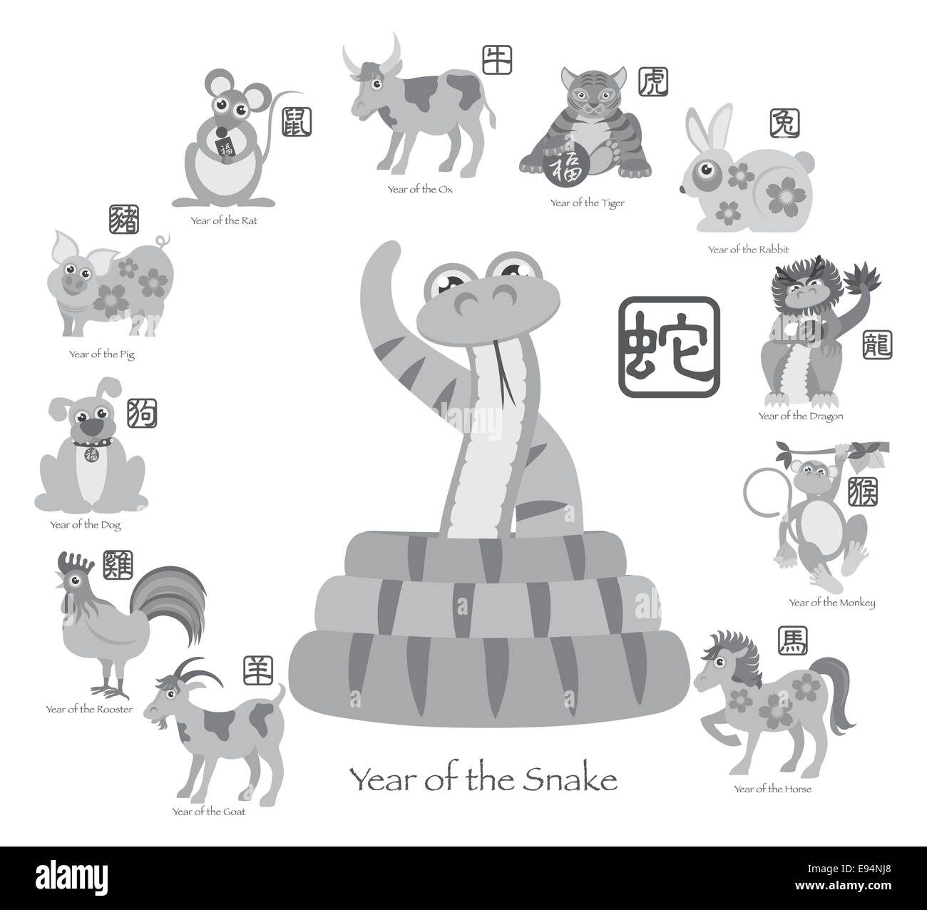 Le Nouvel An chinois du serpent avec douze zodiaques chinois avec joint en texte gris cercle Illustration Banque D'Images