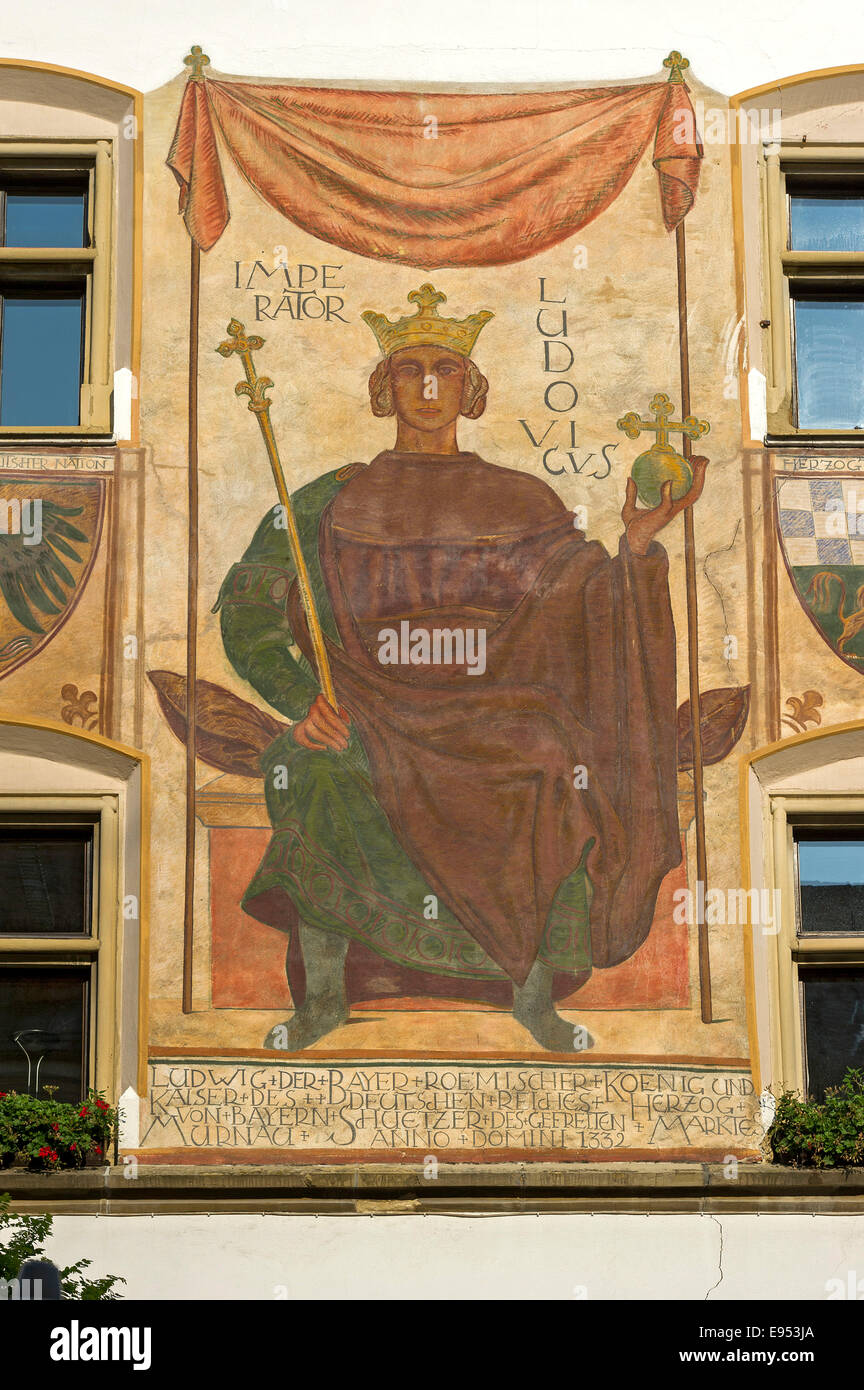 Louis IV, empereur du Saint Empire Romain Germanique comme une fresque sur l'hôtel de ville, Untermarkt, Murnau am Staffelsee, Upper Bavaria, Bavaria, Germany Banque D'Images