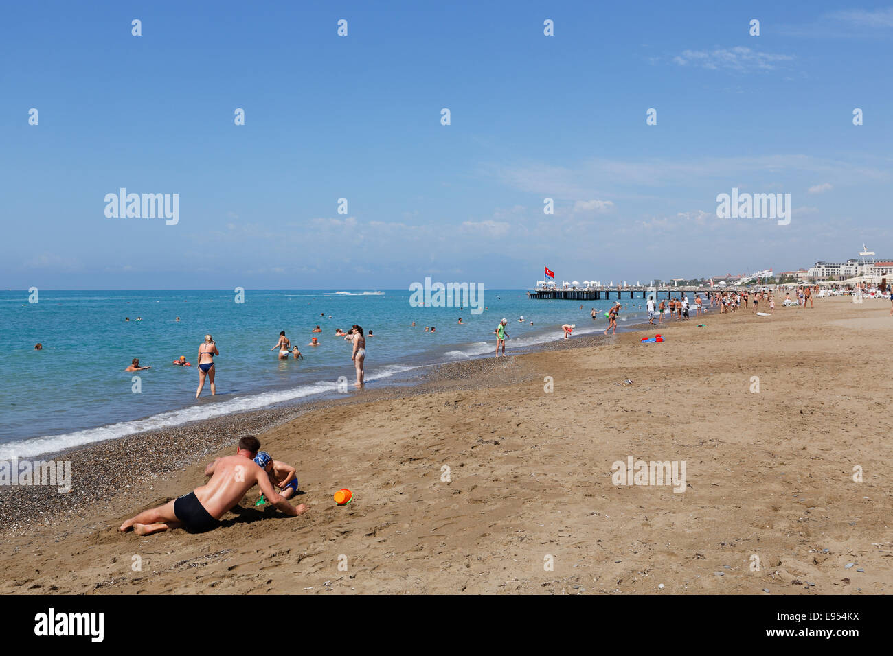 Plage, Belek, Riviera turque, Antalya Province, région méditerranéenne, Turquie Banque D'Images