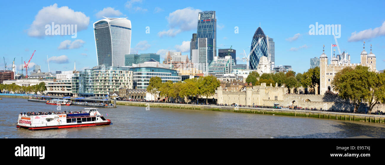 Ville de London Skyline panorama ancienne & moderne contraste entre la Tour de Londres et de nouveaux bureaux commerciaux Tamise à Pool of London England UK Banque D'Images