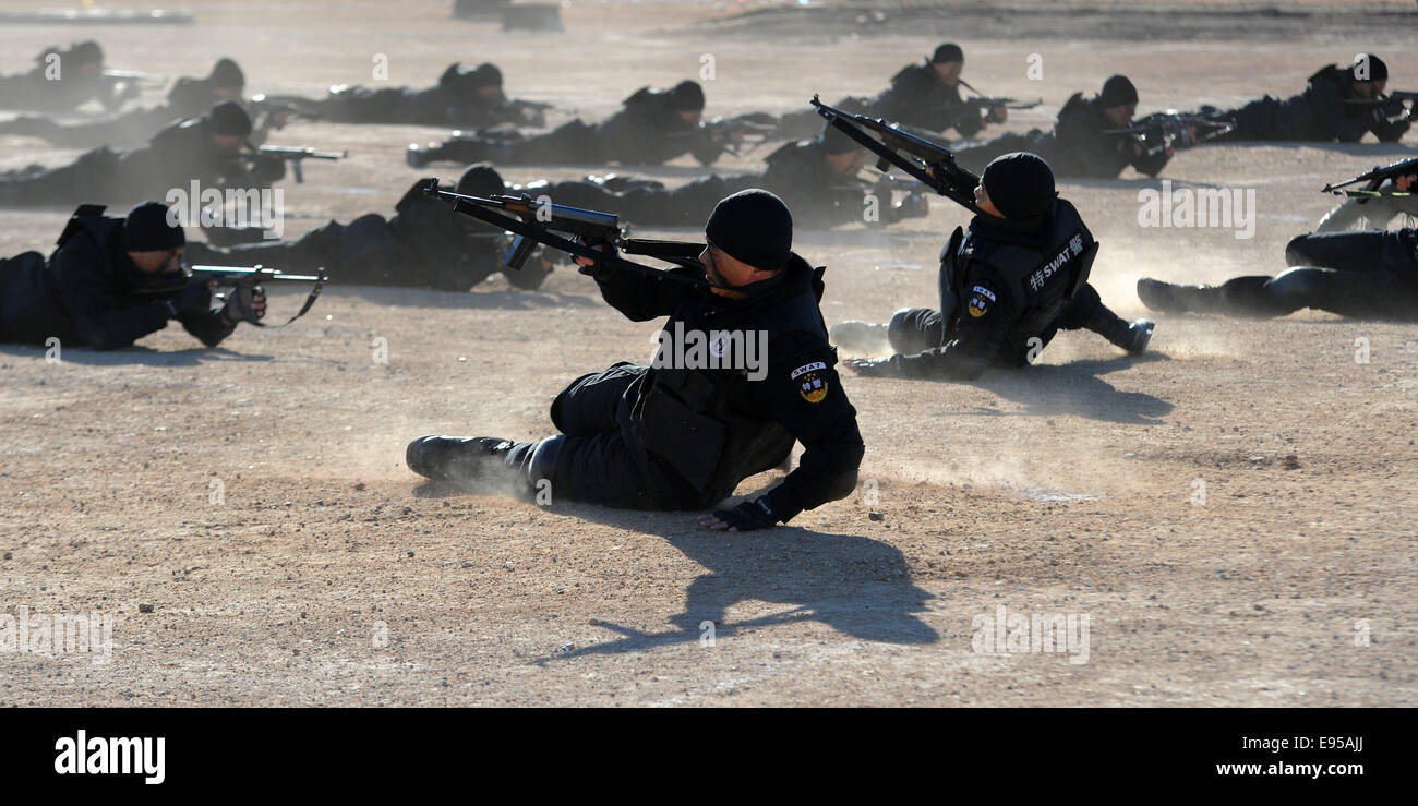 Manzhouli, Chine, région autonome de Mongolie intérieure. 20 Oct, 2014. Des policiers chinois et russe assister à un exercice anti-terroriste conjoint à Qingdao, Chine du nord, région autonome de Mongolie intérieure, 20 octobre 2014. Afin d'accroître la capacité coordonnée pour lutter contre le terrorisme dans la région frontalière, la police chinoise et russe a tenu un exercice anti-terroriste le lundi, ce qui implique une planification en otage les sauvetages et les compétitions physiques entre les deux escouades. Credit : Zhang Ling/Xinhua/Alamy Live News Banque D'Images Manzhouli, Chine, région autonome de Mongolie intérieure. 20 Oct, 2014. Des policiers chinois et russe assister à un exercice anti-terroriste conjoint à Qingdao, Chine du nord, région autonome de Mongolie intérieure, 20 octobre 2014. Afin d'accroître la capacité coordonnée pour lutter contre le terrorisme dans la région frontalière, la police chinoise et russe a tenu un exercice anti-terroriste le lundi, ce qui implique une planification en otage les sauvetages et les compétitions physiques entre les deux escouades. Credit : Zhang Ling/Xinhua/Alamy Live News Banque D'Images