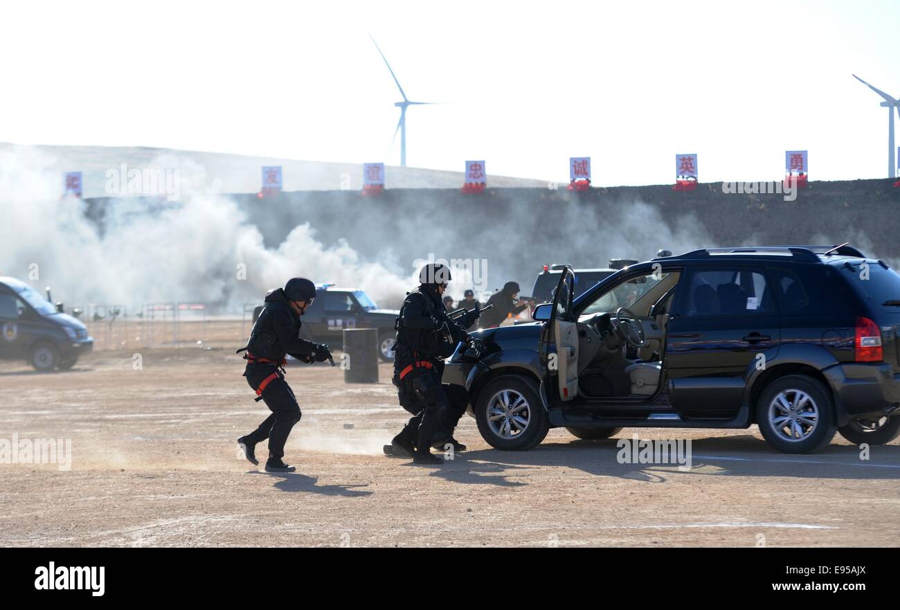 Manzhouli, Chine, région autonome de Mongolie intérieure. 20 Oct, 2014. Des policiers chinois et russe assister à un exercice anti-terroriste conjoint à Qingdao, Chine du nord, région autonome de Mongolie intérieure, 20 octobre 2014. Afin d'accroître la capacité coordonnée pour lutter contre le terrorisme dans la région frontalière, la police chinoise et russe a tenu un exercice anti-terroriste le lundi, ce qui implique une planification en otage les sauvetages et les compétitions physiques entre les deux escouades. Credit : Zhang Ling/Xinhua/Alamy Live News Banque D'Images Manzhouli, Chine, région autonome de Mongolie intérieure. 20 Oct, 2014. Des policiers chinois et russe assister à un exercice anti-terroriste conjoint à Qingdao, Chine du nord, région autonome de Mongolie intérieure, 20 octobre 2014. Afin d'accroître la capacité coordonnée pour lutter contre le terrorisme dans la région frontalière, la police chinoise et russe a tenu un exercice anti-terroriste le lundi, ce qui implique une planification en otage les sauvetages et les compétitions physiques entre les deux escouades. Credit : Zhang Ling/Xinhua/Alamy Live News Banque D'Images