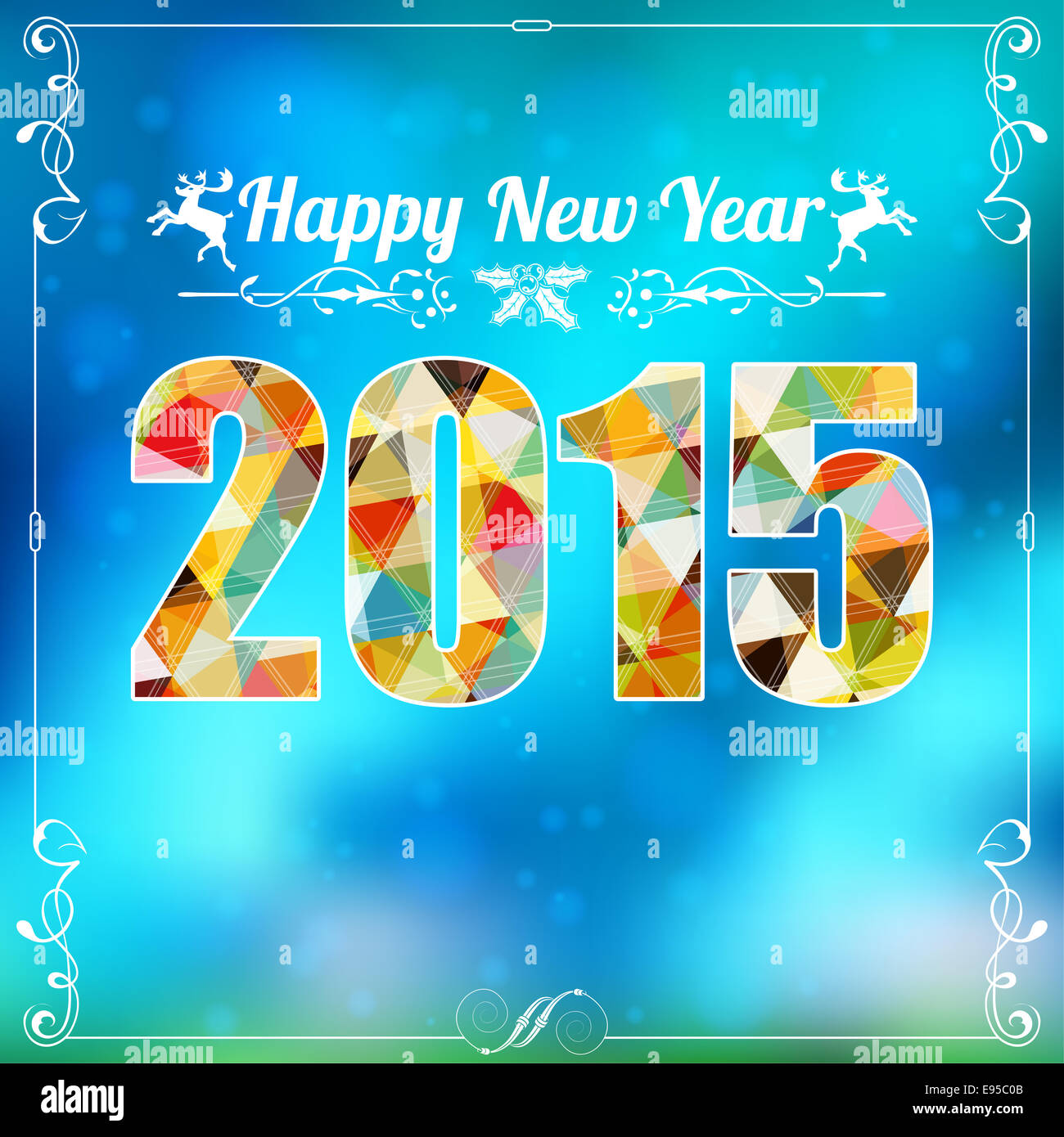 Nouvelle Année rétro cadre avec le Cerf, 2015 Numéro de Triangle et ornement calligraphique sur fond flou floue. Modèle pour Flyers Banque D'Images