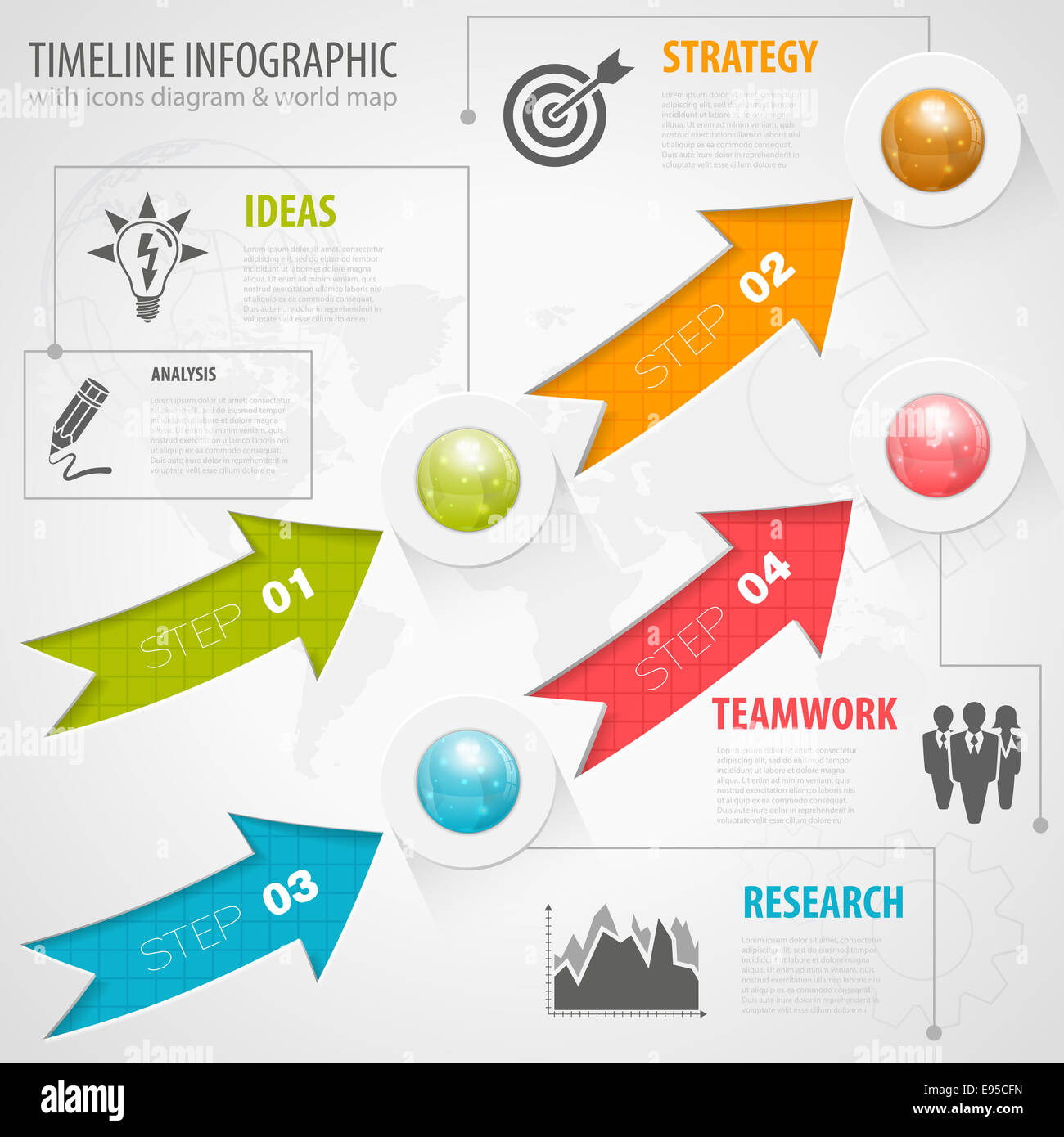 Chronologie d'infographie avec des flèches, des icônes et le nombre d'options. Template Banque D'Images
