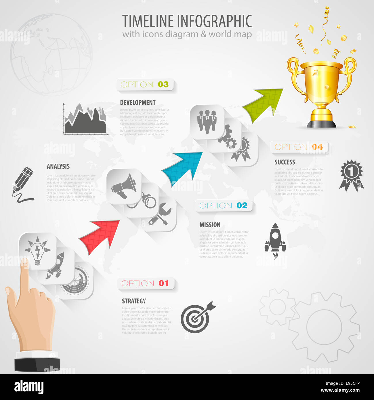 Chronologie d'infographie avec des flèches, boutons, icônes, papier Part, prix de l'or et le nombre d'options. Modèle. Banque D'Images