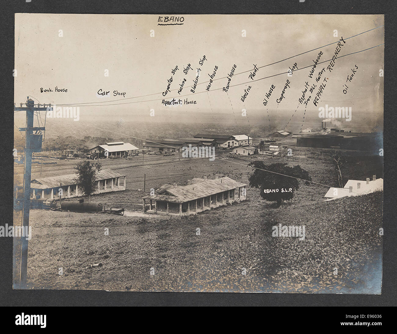 Cette photographie représente l'industrie pétrolière à Ebano, au Mexique, mettant en valeur des camps de travail. L’image reflète l’ampleur des opérations d’extraction pétrolière et les conditions de vie des travailleurs de cette industrie vitale dans la région. Banque D'Images