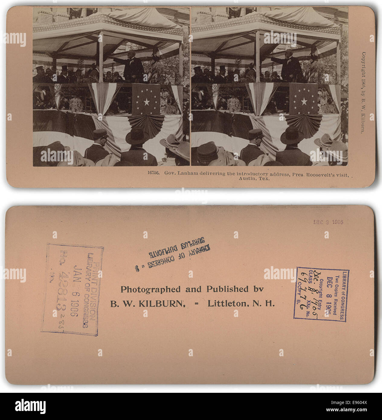Une photographie historique montrant le gouverneur Samuel W. T. Lanham prononçant le discours d'introduction lors de la visite du président Theodore Roosevelt à Austin, Texas. Banque D'Images