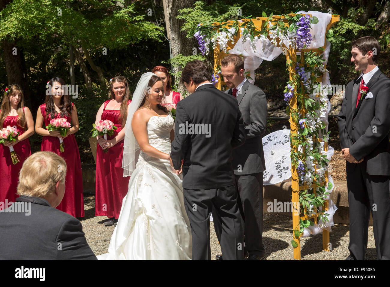 Mariée et le marié à la cérémonie de mariage civil mariage invités du mariage à Marin Art et Jardin dans le centre de Ross dans le comté de Marin en Californie Banque D'Images