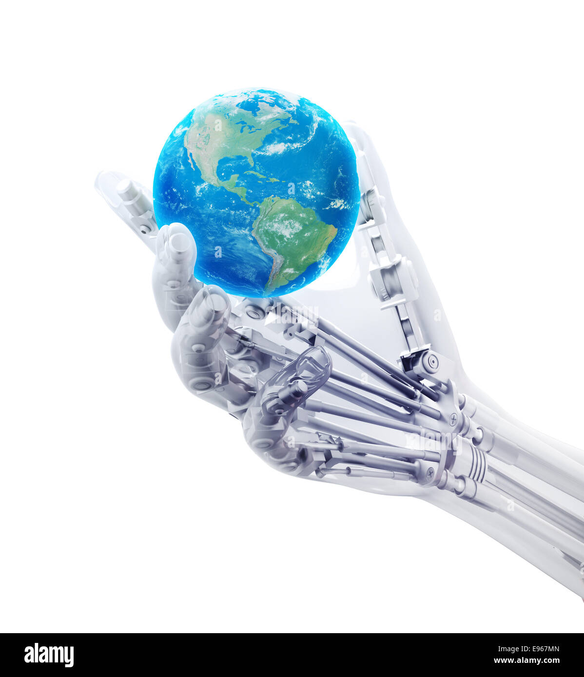 Un membre artificiel tenant un globe- la robotique et de la prothétique technologie concept Banque D'Images