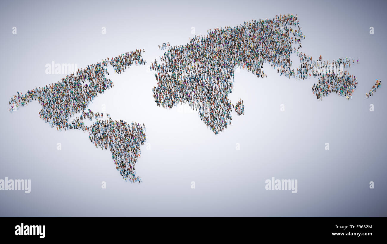 Grande foule de personnes formant une carte du monde Banque D'Images
