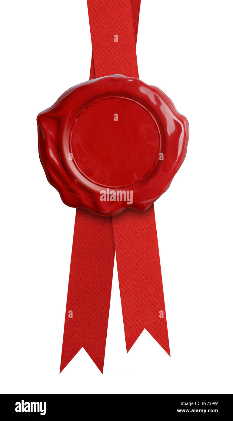 Sceau de cire rouge avec ruban isolé Banque D'Images