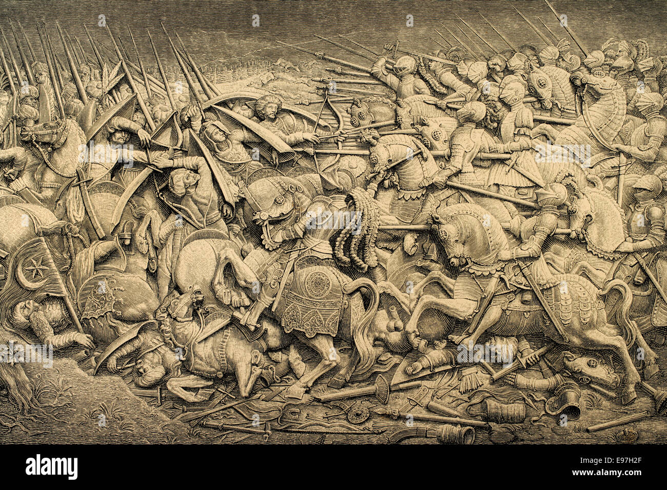 Saint Empire Romain. Règne de Maximilien I (1459-1519). Guerre contre l'Empire Ottoman. Gravure de Historia Universal, 1885. Banque D'Images Saint Empire Romain. Règne de Maximilien I (1459-1519). Guerre contre l'Empire Ottoman. Gravure de Historia Universal, 1885. Banque D'Images