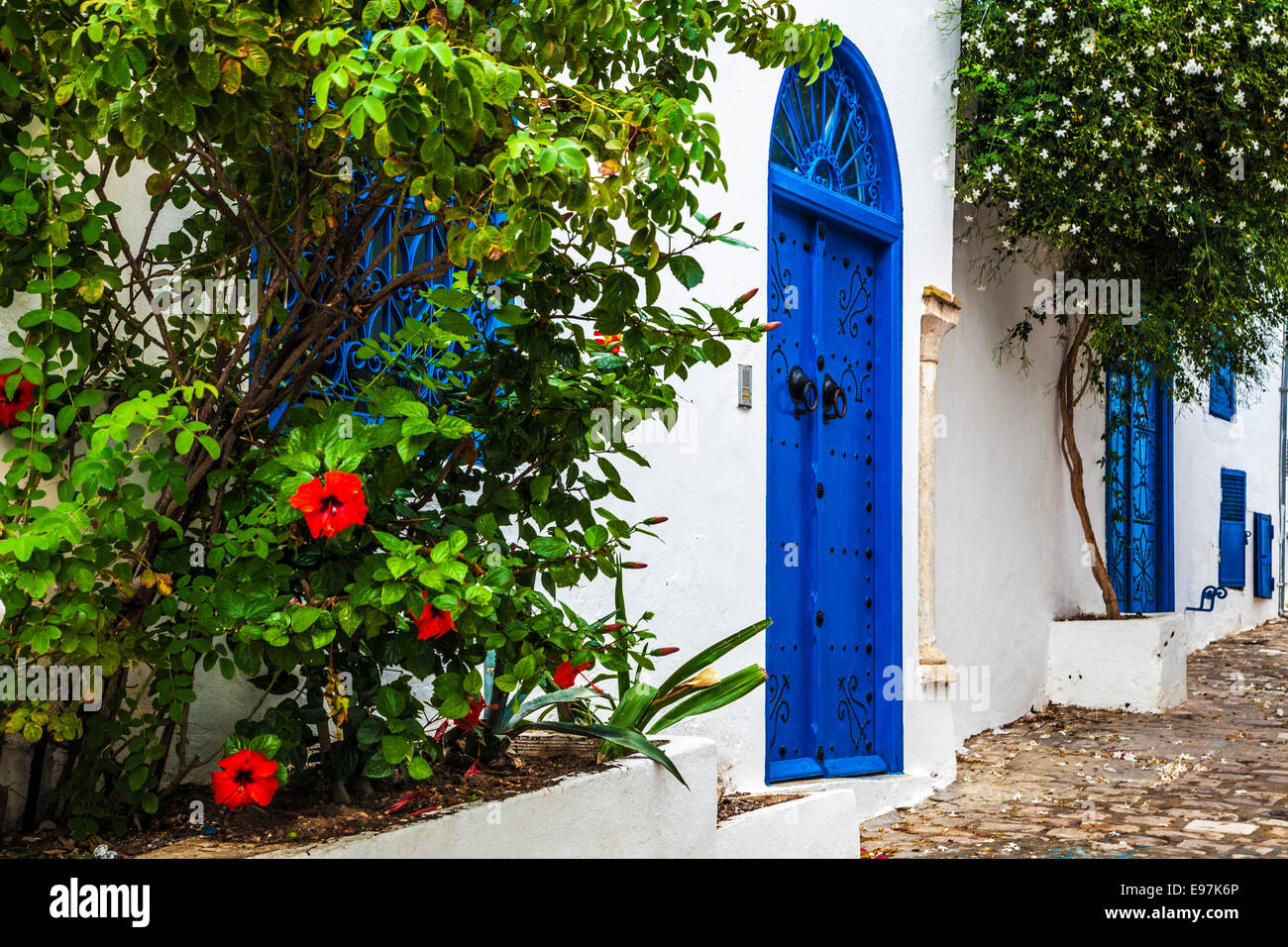 Rue pavées étroites à Sidi Bou Said, Tunisie. Banque D'Images