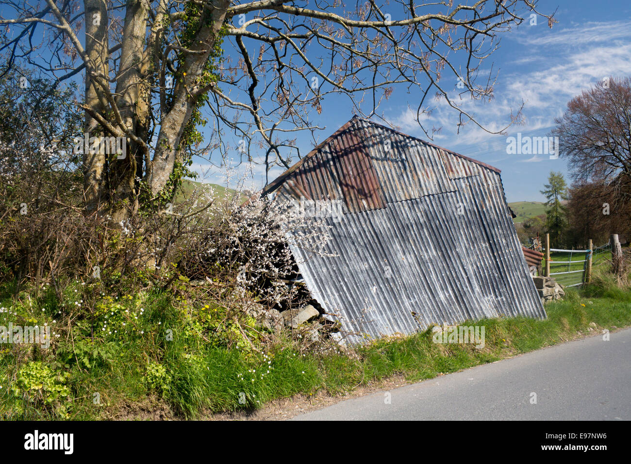 L'abandon est effondré hangar ou bâtiment agricole près de Tregaron Ceredigion Mid Wales UK Banque D'Images