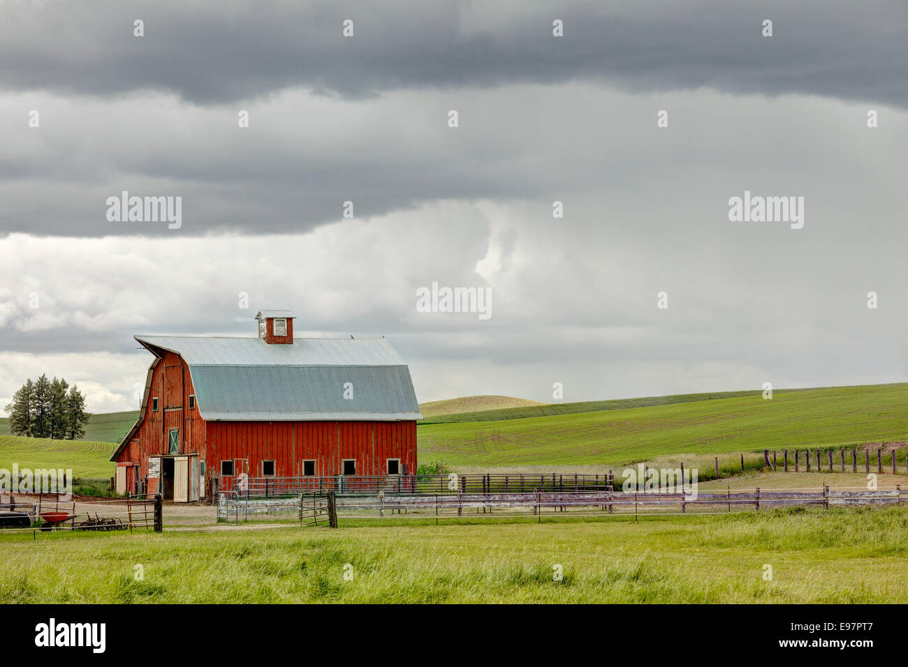Une grange rouge et des champs de ferme vallonnés à Palouse, Washington. Banque D'Images