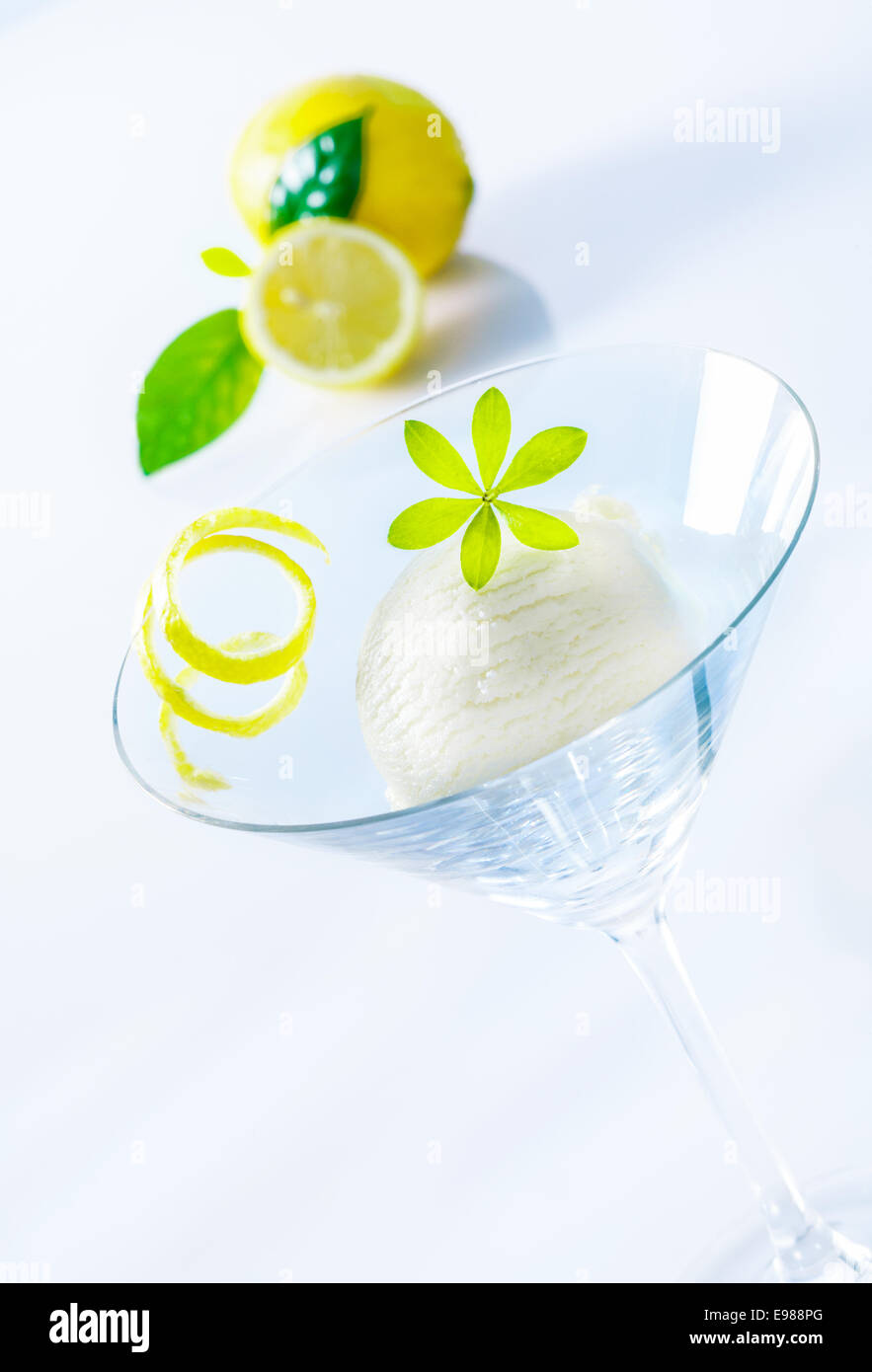 Cocktail rafraîchissant sorbet citron zeste avec servies en entrée dans un élégant verre à martini Banque D'Images
