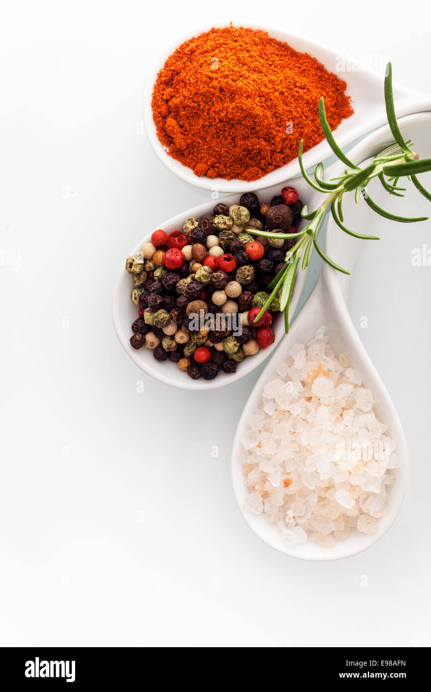 Vue supérieure de l'Himalayan rock salt, rouge poivre de cayenne et de poivre noir dans une cuillère en céramique avec branche de romarin frais Banque D'Images