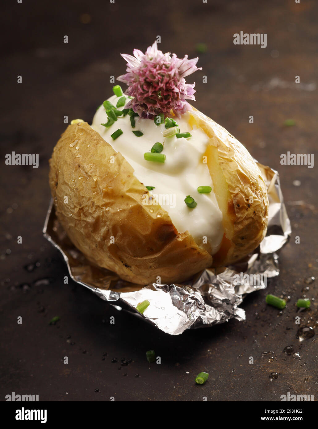 Pomme de terre au four barbecue sur aluminium son servi avec une garniture de crème sure, vert frais haché et ciboulette ciboulette une fleur sur un fond sombre Banque D'Images