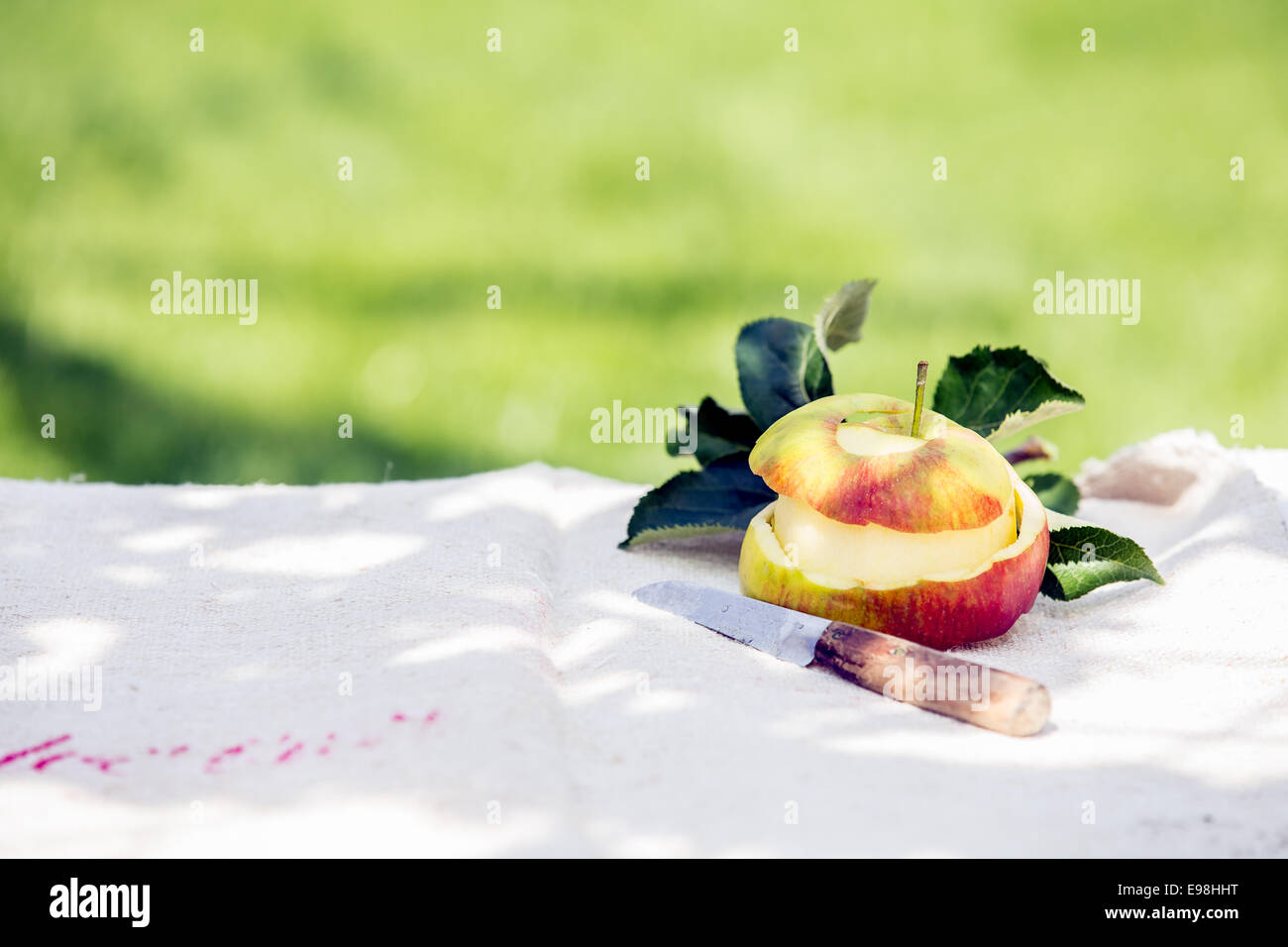 Accueil sains cultivés apple pelées avec sa peau et un petit couteau sur une table de jardin au soleil d'été pommelé avec copyspace contre une pelouse verte Banque D'Images