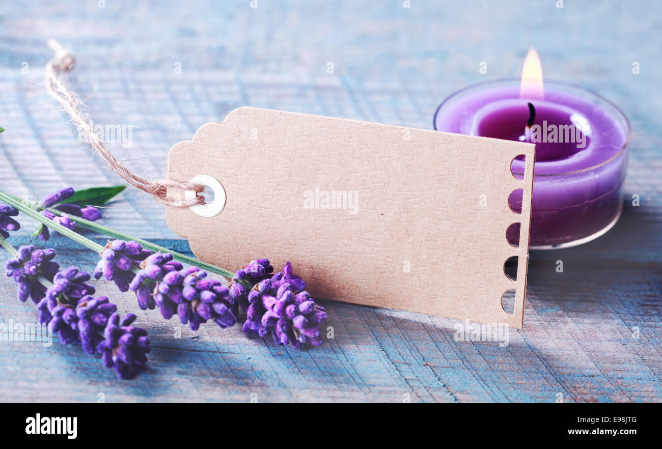 Belle et zen spa paisible arrière-plan avec des pics de pourpre parfumées lavande et une bougie aromatherapy de gravure sur un cadre rustique Banque D'Images