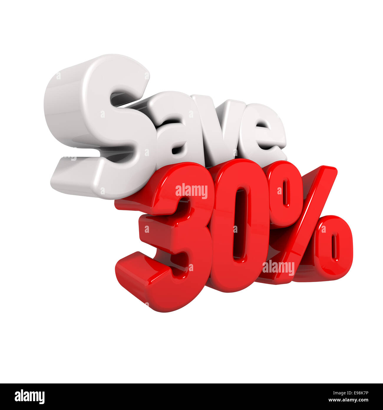 Un rendu 3D de trente pour cent de réduction de prix et économisez en texte et chiffres obliquement incliné isolated on white Banque D'Images