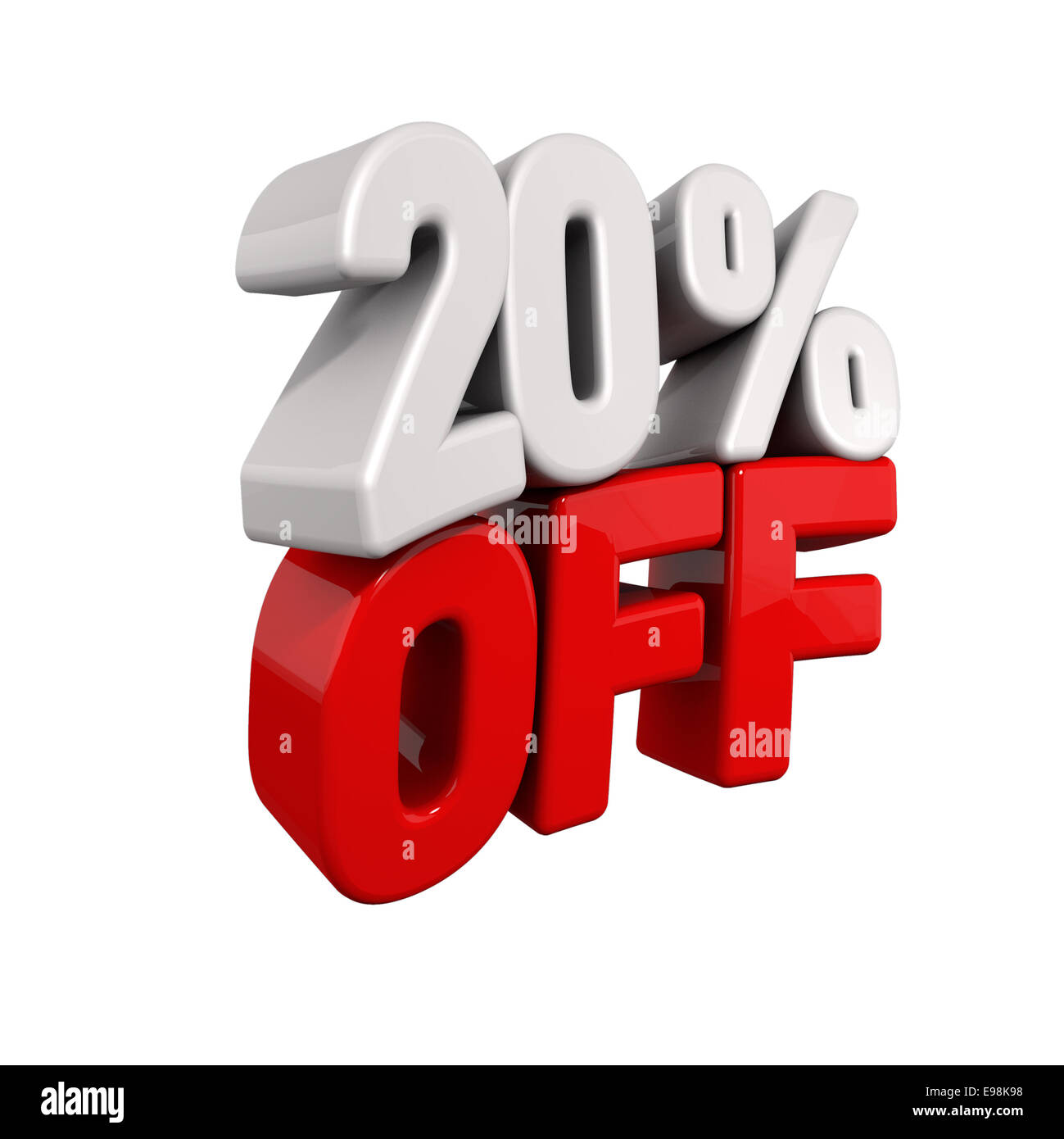 Vingt pour cent de la réduction automatique. Texte 3d pour 20 % en rouge et blanc de l'oblique inclinée isolated on white Banque D'Images