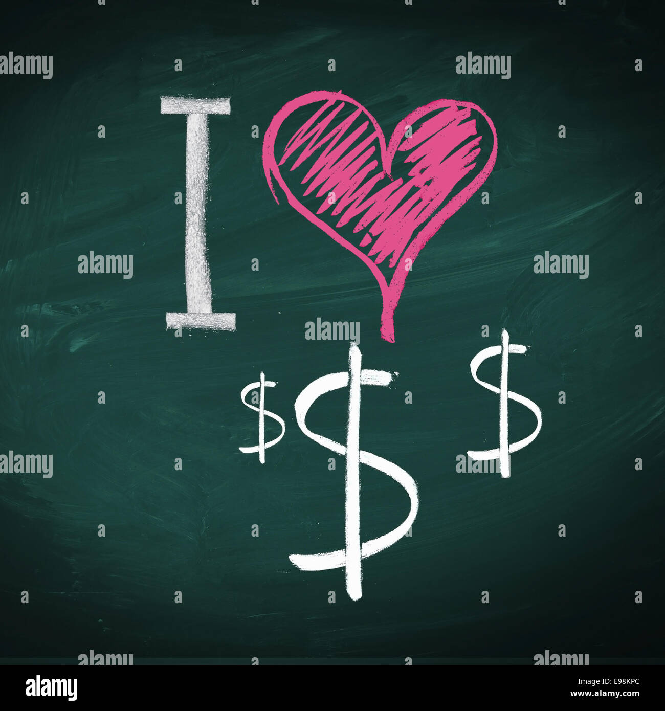 I love dollars à la craie sur un tableau noir avec le symbole du dollar et d'un coeur Banque D'Images