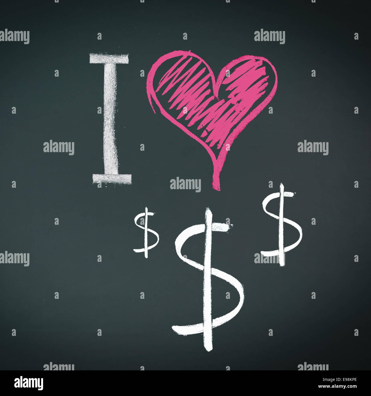 I love dollars à la craie sur un tableau noir avec le symbole du dollar et d'un coeur Banque D'Images