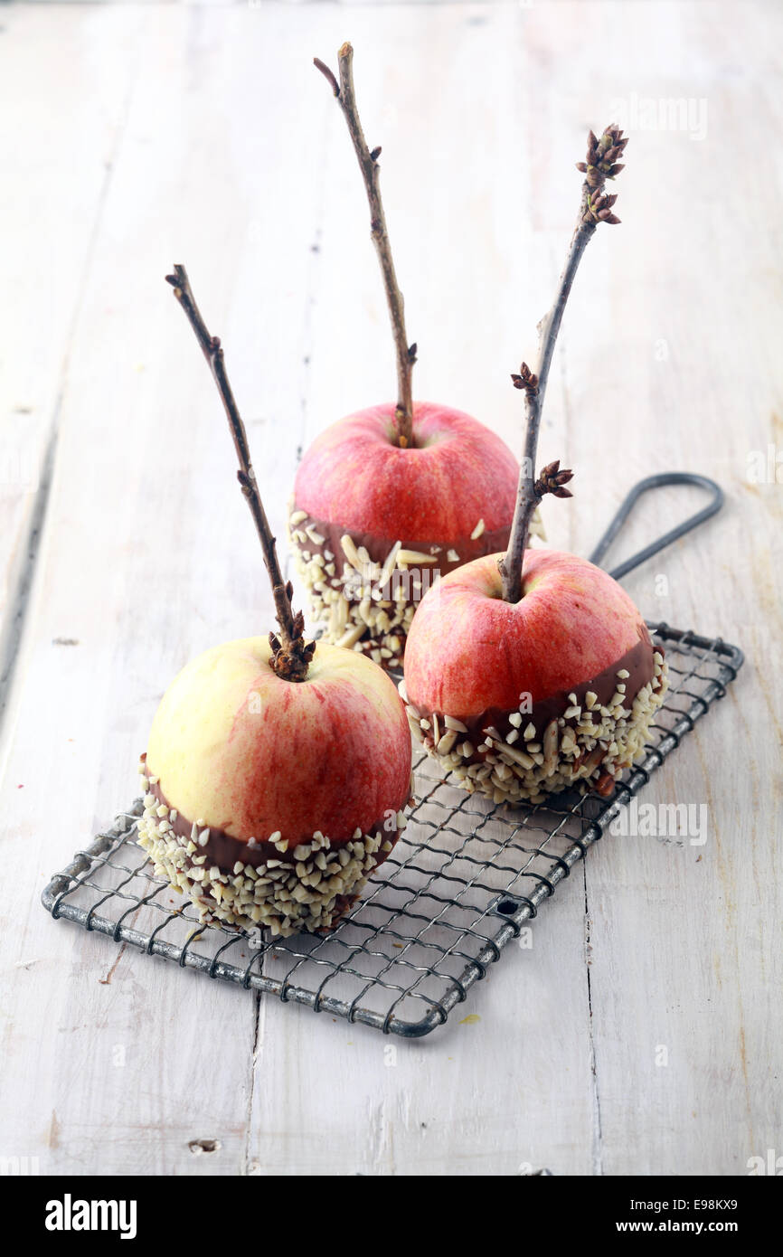 Trois pommes rouges frais avec des brindilles et enrobage de chocolat décoré de Nutrifer debout sur une grille de refroidissement sur une table de cuisine en bois blanc rustique pour Halloween treats pour trick-or-treaters Banque D'Images