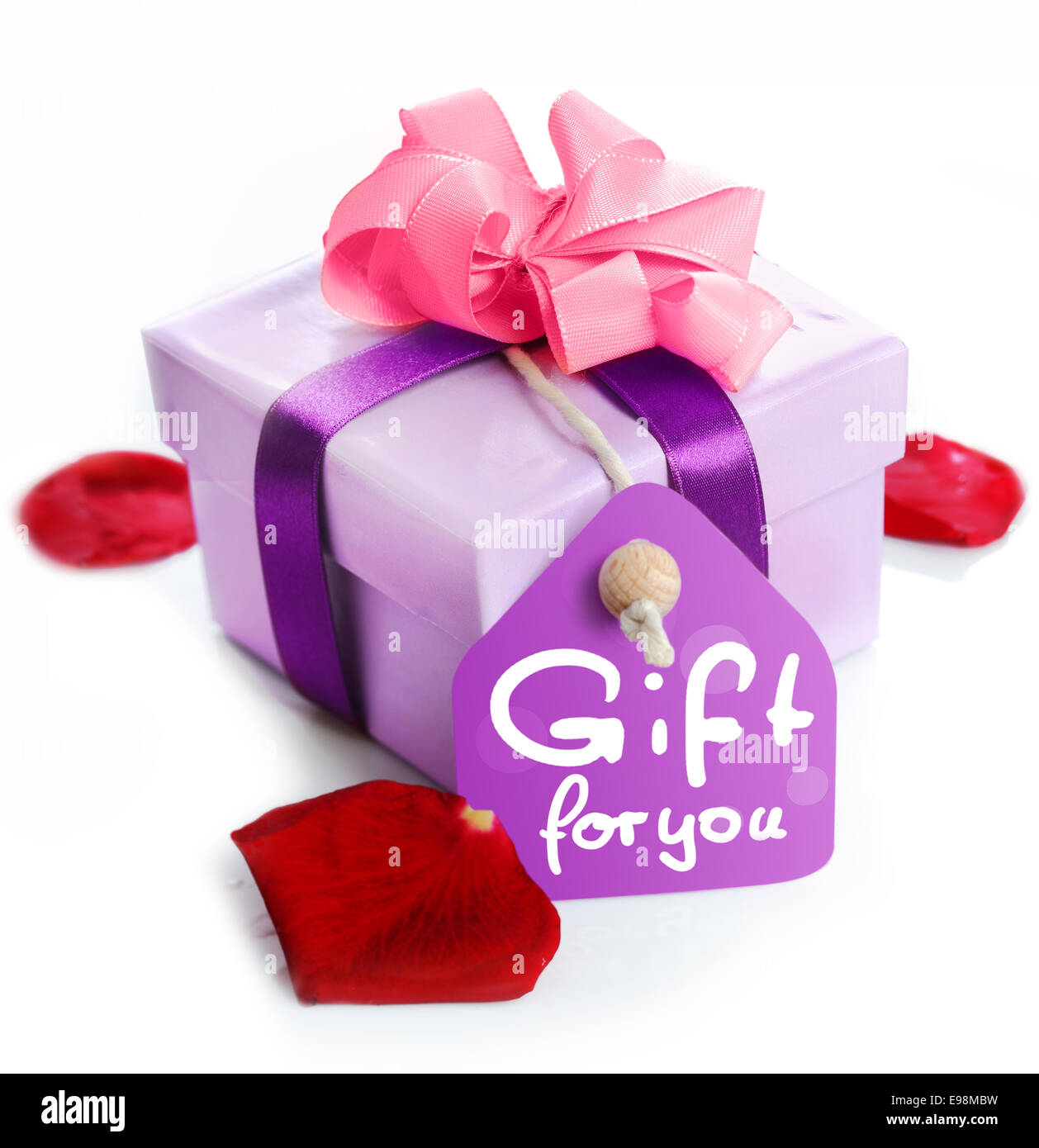 Violet boîte-cadeau avec une carte, un ruban et les mots en cadeau pour vous. Feuilles de Rose rouge isolé sur fond blanc Banque D'Images