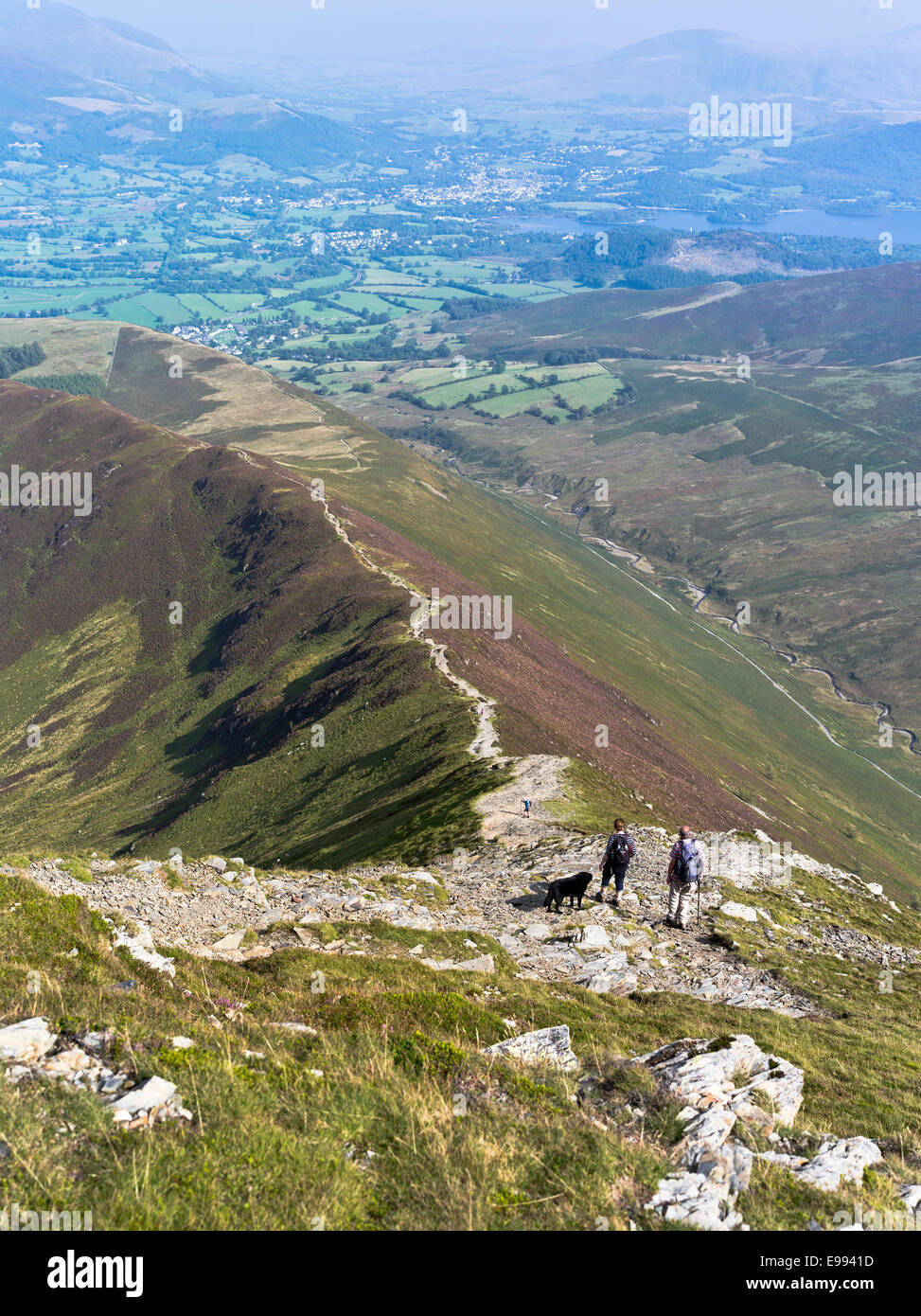 dh sleet Comment Cumbria GRISEDABLE PIKE LAKE DISTRICT randonnée senior Couple chien Hill Footpath uk randonneurs personnes en haut de la montagne Royaume-Uni randonnée sur des collines Banque D'Images