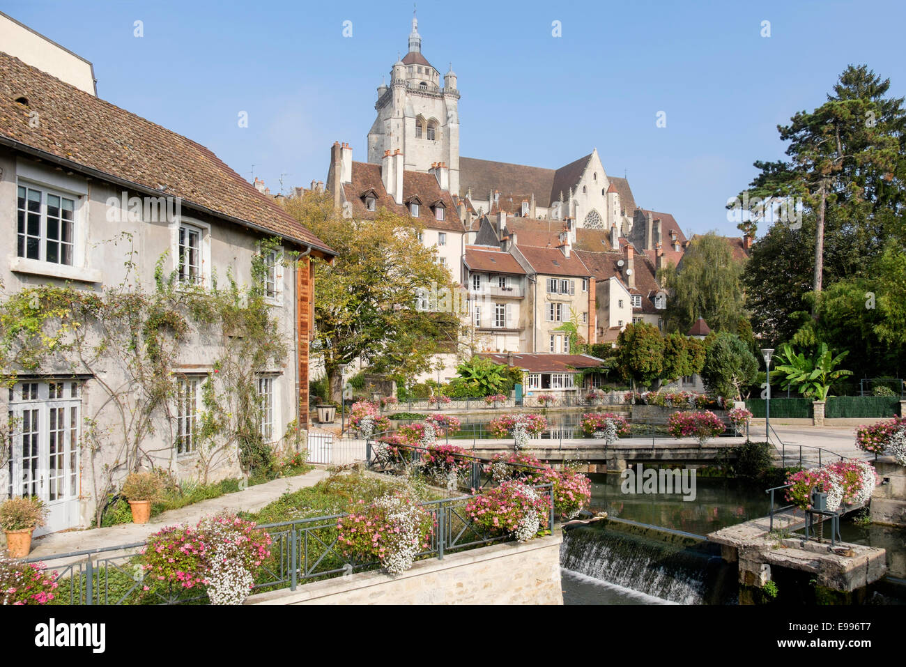 Vue sur Canal des Tanneurs à 16e siècle Cathédrale gothique Nôtre-Dame à Dole, Jura, Franche-Comté, France, Europe Banque D'Images