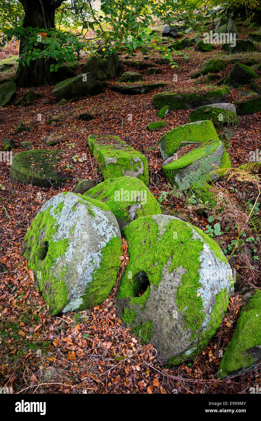 Meules abandonnées couvertes de mousses à Bolehill Quarry dans le Derbyshire. Banque D'Images
