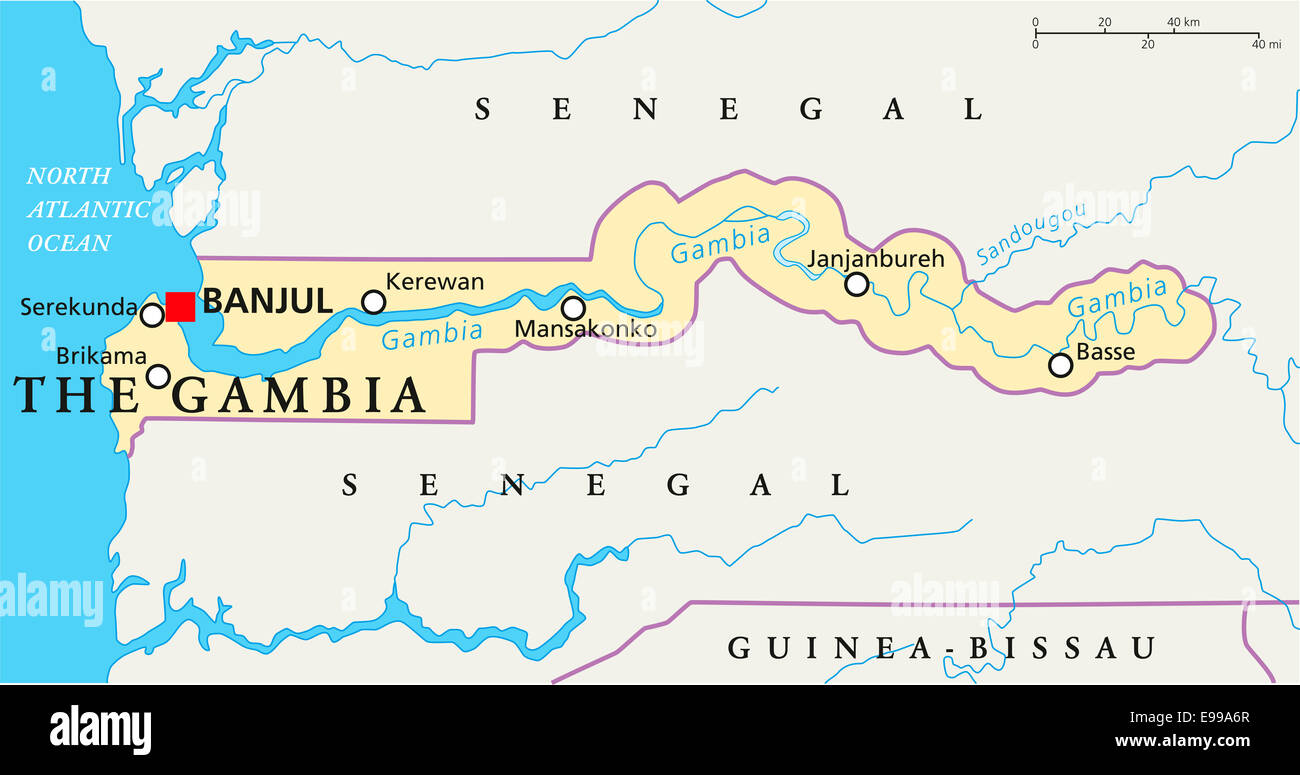 Carte Politique de la Gambie à Banjul, capitale des frontières nationales, les villes importantes et les rivières. English l'étiquetage et à l'échelle. Banque D'Images