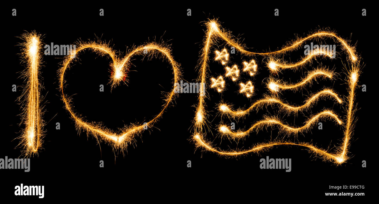 J'aime Inscription pavillon de l'USA a fait des étincelles sur fond noir Banque D'Images