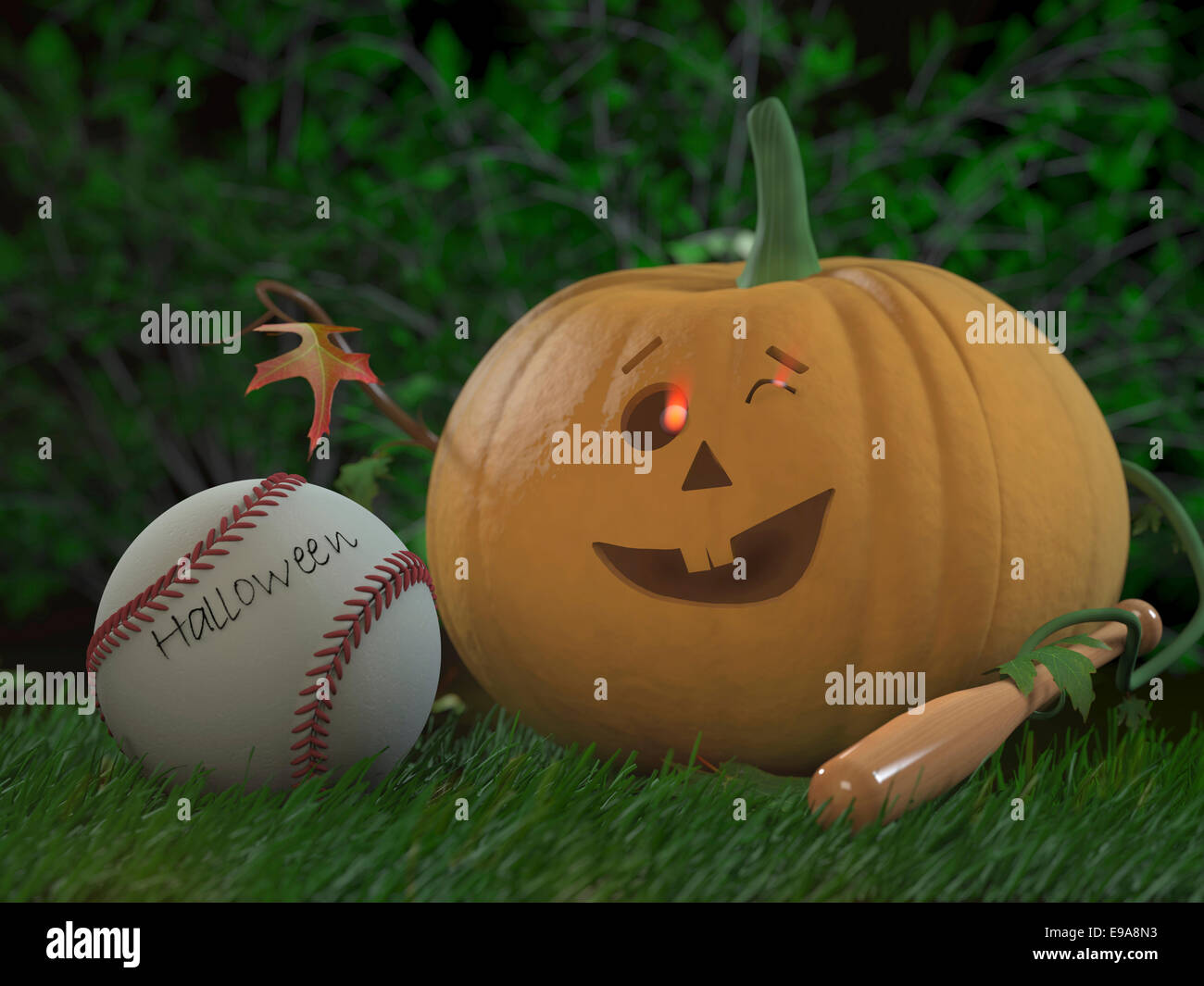 Halloween citrouille drôle de jouer au baseball. Maison de vacances 3d illustration. Banque D'Images