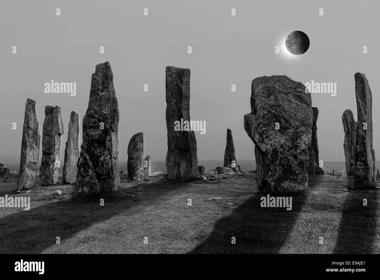 Eclipse solaire et le cercle de pierres de Callanish, Isle Of Lewis Hebrides Scotland UK Banque D'Images