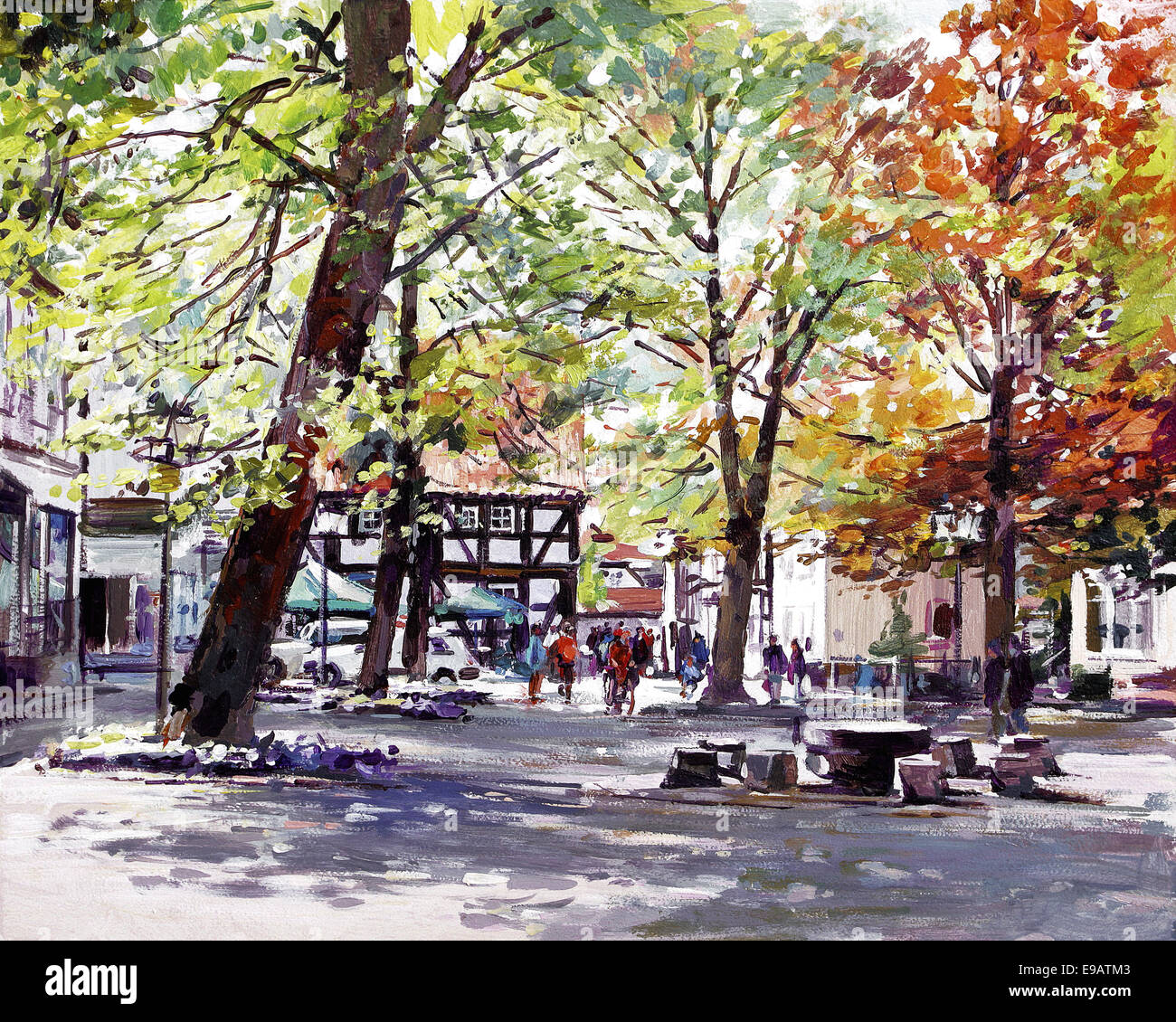 Peinture acrylique - automne en ville Banque D'Images