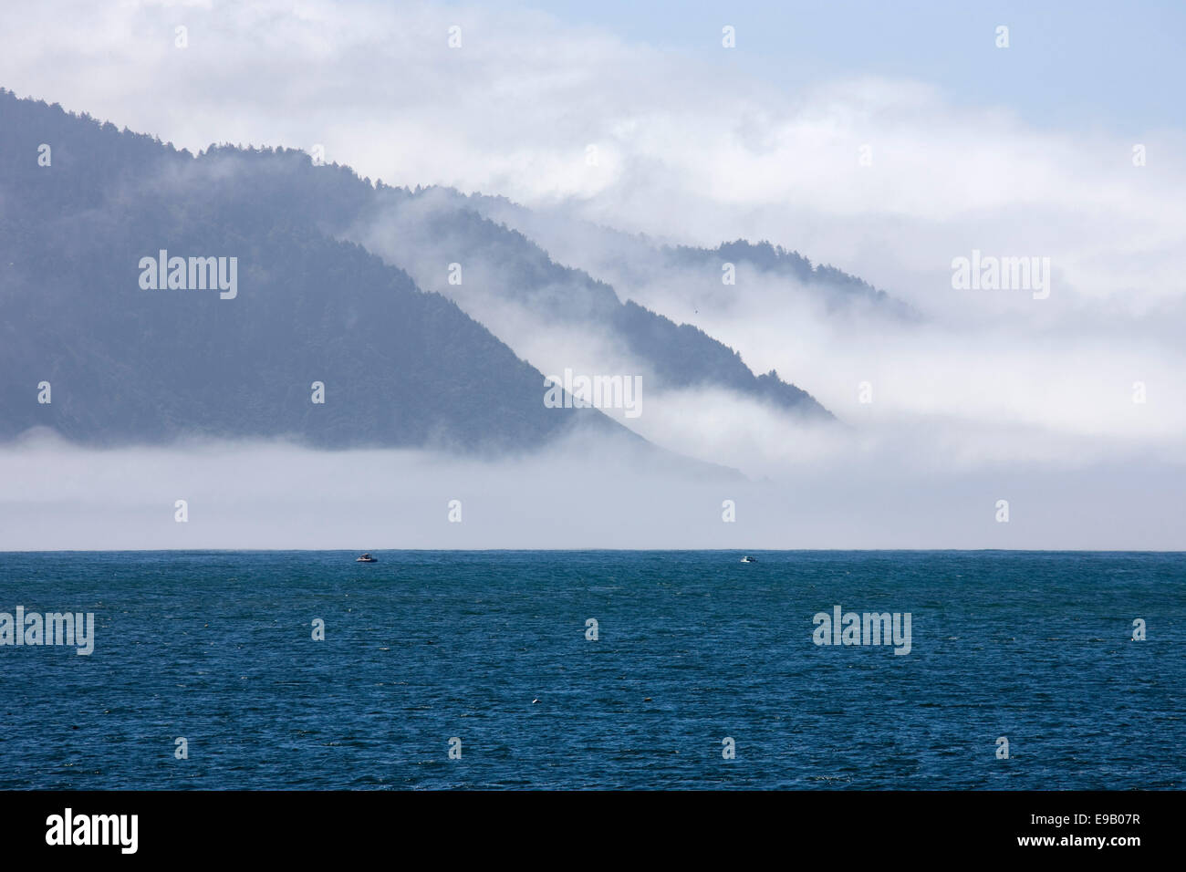 Mer, eau, brouillard, montagnes, littoral, près de Crescent City, California, United States Banque D'Images